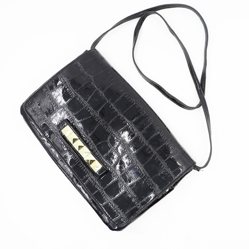 Vtg Cosmopolitan Handbag Women Black Faux Croc Leather Clutch Purse Shoulder Bag
